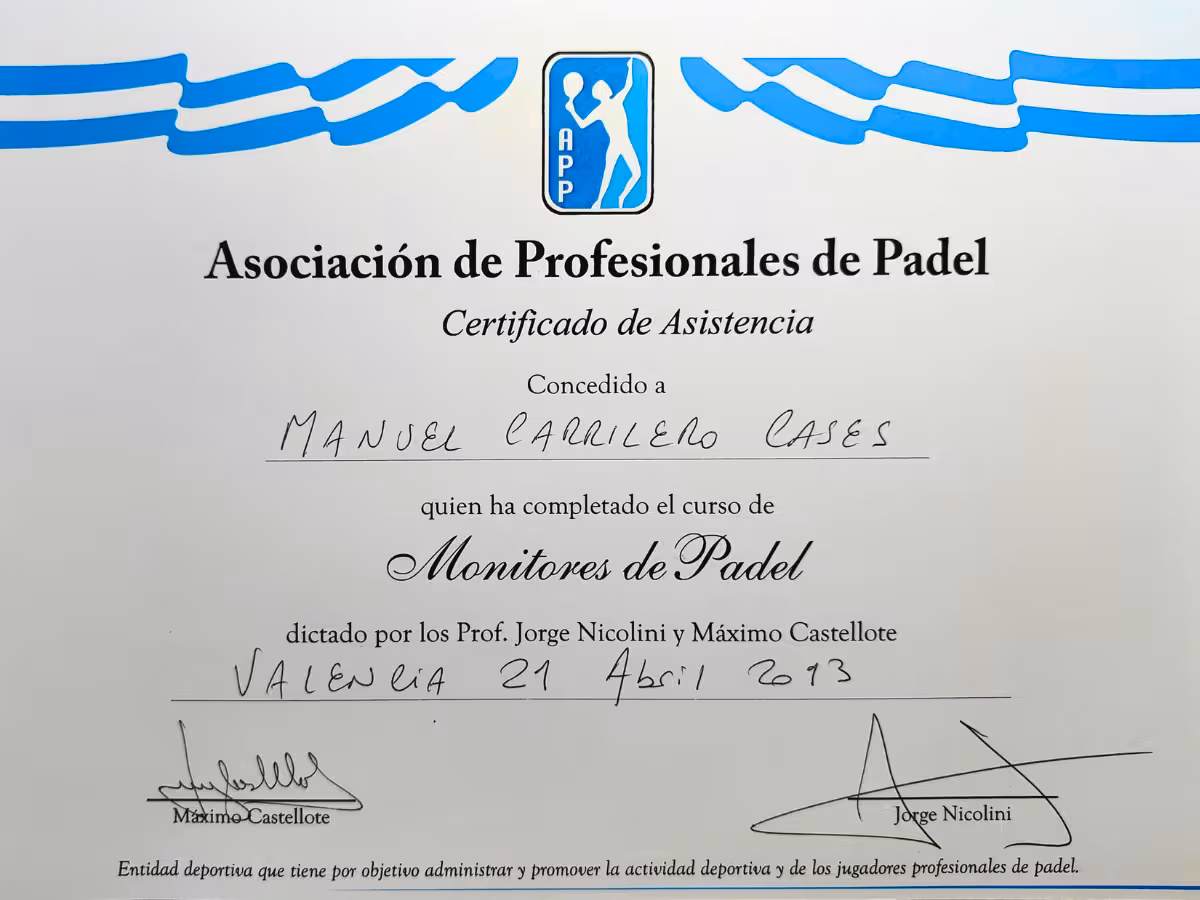 Certificado Asociación de Profesionales de Padel APA